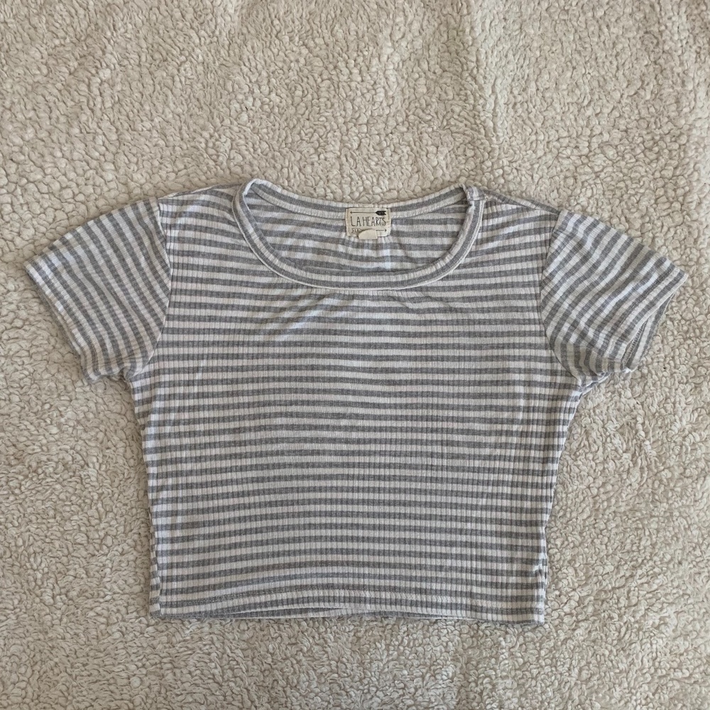 LA HEARTS Striped Crop Top Gray and White